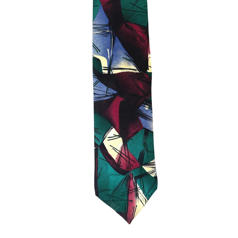 VTG 90s Arnold Palmer Silk Tie Abstract Geometric‎ Teal Burgundy Made In USA